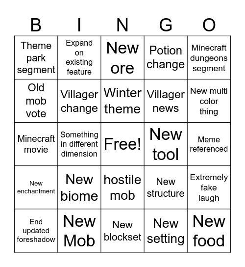 minecraft bingo Card