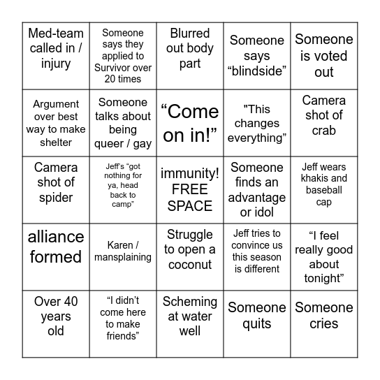 Survivor 51 Premiere Bingo Card