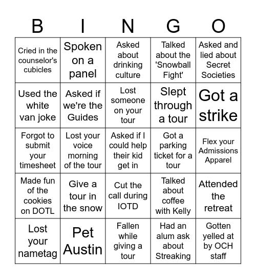 Admissions Bingo Card