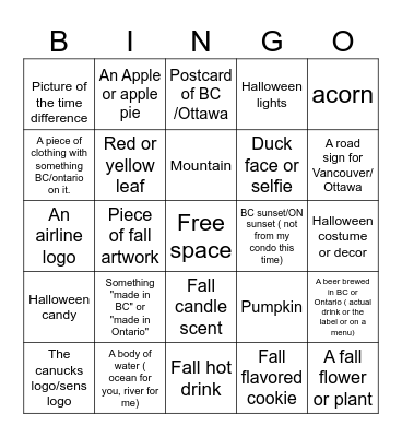 Fall travel Picture Bingo Card
