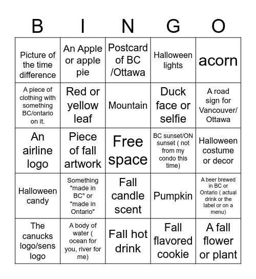 Fall travel Picture Bingo Card