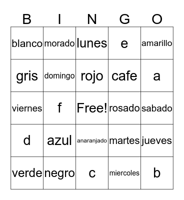 Spanish Review Bingo Card