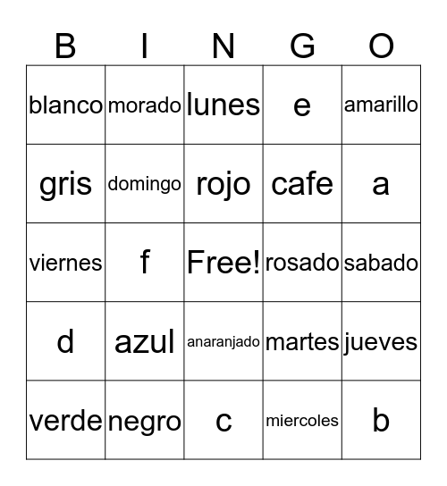 Spanish Review Bingo Card