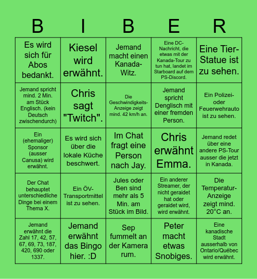 Kanadingo ("Jemand" = die 6 PS-Jungs vor Ort) Bingo Card