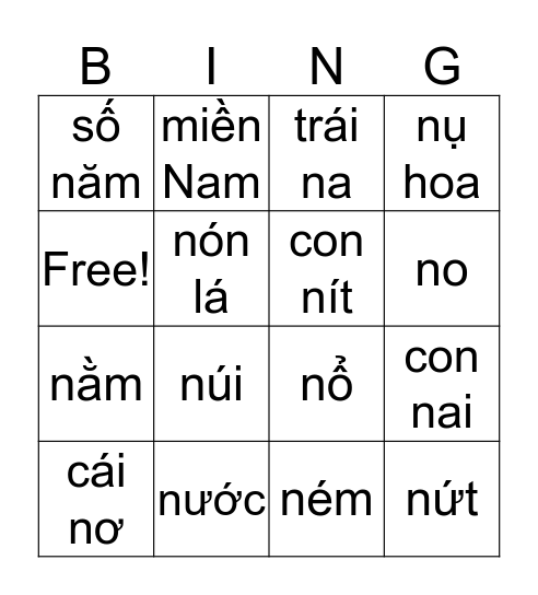 Phụ âm N/n (chữ) Bingo Card
