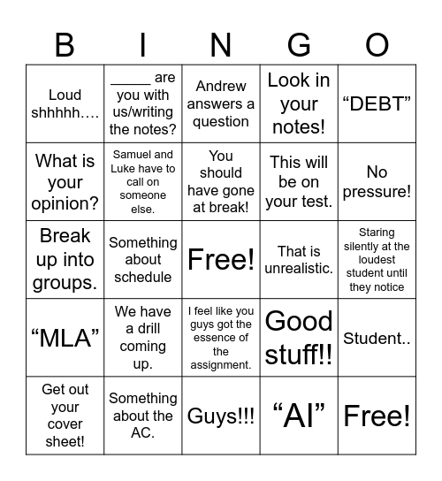 Teacher bingo! Bingo Card