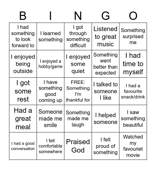 Thankful Moments Bingo Card