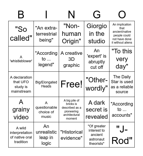 Ancient Aliens Bingo - Top 10 Influencers Bingo Card