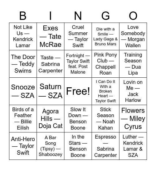 Top 40's Bingo Card