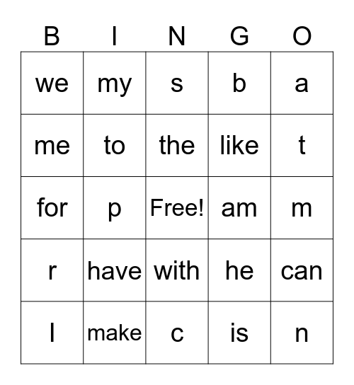 Word Wall Bingo Card