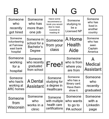 Healthcare Human Bingo Card