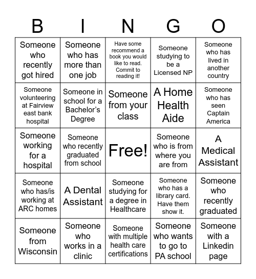 Healthcare Human Bingo Card
