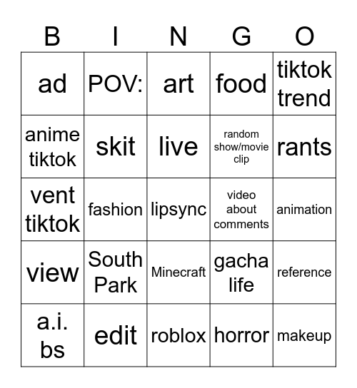 fyp bingo Card