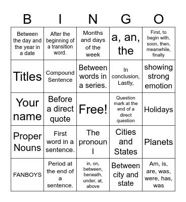 Capitalization and Punctuation Skills Bingo Card