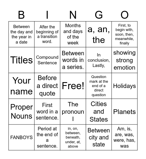 Capitalization and Punctuation Skills Bingo Card