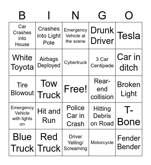 Car Crash Bingo Card