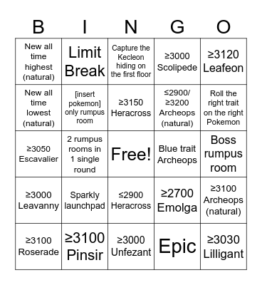 Pokemon Rumble Blast World Axle B2F Treetops Race to 2500 (World Rank 10) Bingo Card
