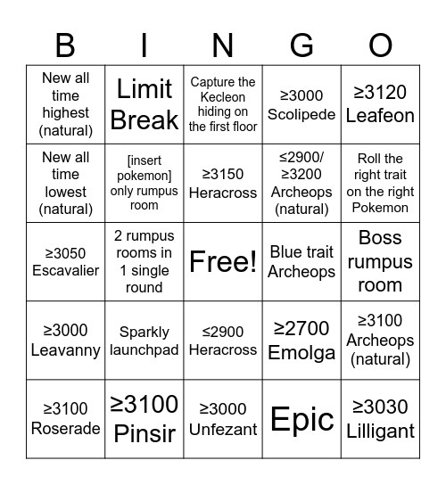 Pokemon Rumble Blast World Axle B2F Treetops Race to 2500 (World Rank 10) Bingo Card