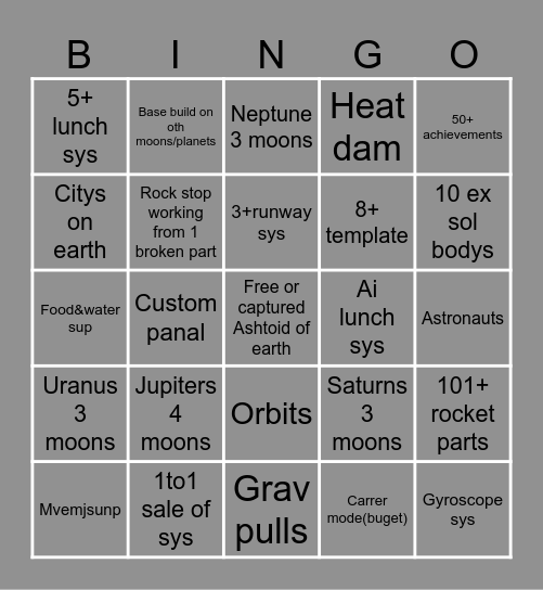 space game maker Bingo Card