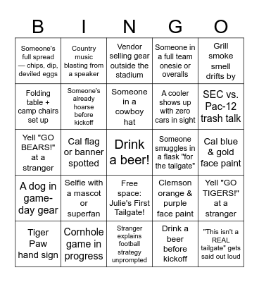 Tailgate Bingo Card