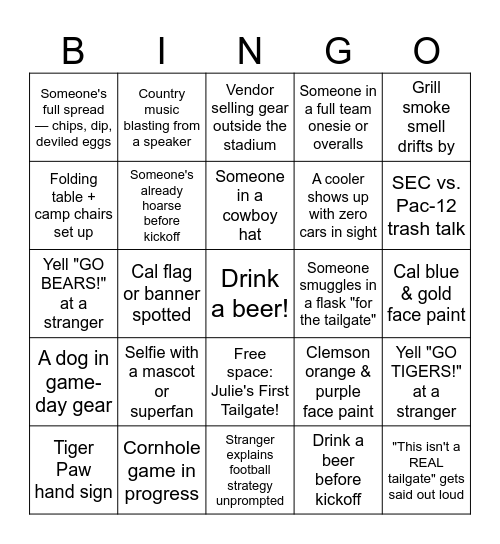 Tailgate Bingo Card