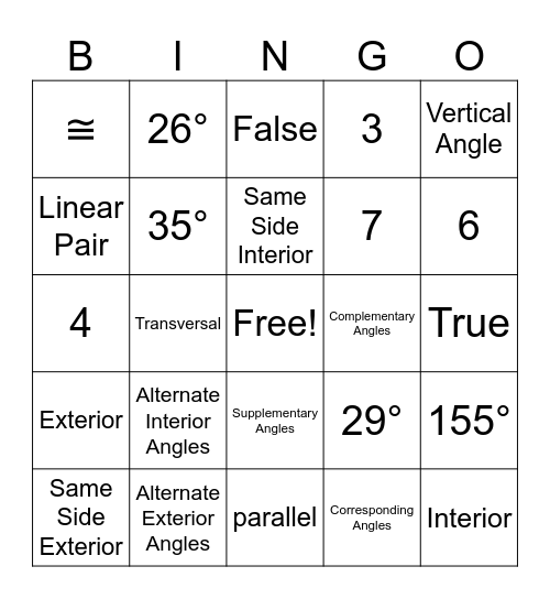 Relationships of Lines and Transversals Bingo Card
