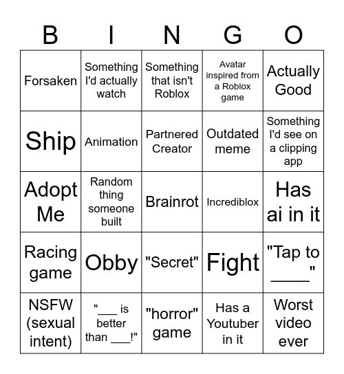 Roblox "Moments" Bingo Card