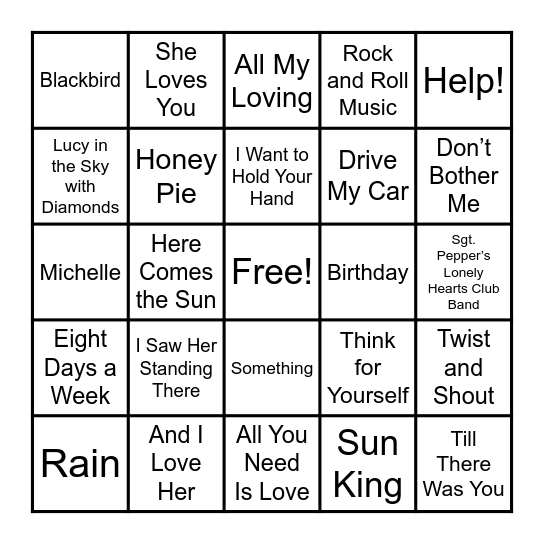 Beatles Mania Bingo Card