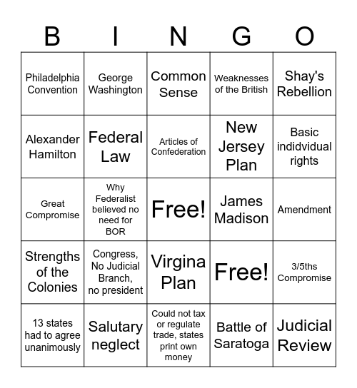 Revolution and Constitution Bingo Card