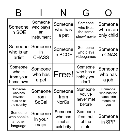 Community Connections Bingo Card