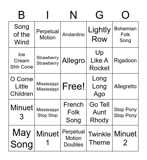 Suzuki Twinkle Bingo Card
