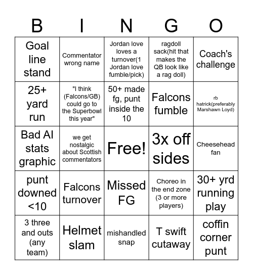 tnf 9/24 Bingo Card