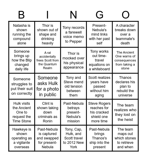 Avengers Engame BINGO Card