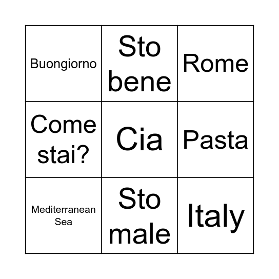 Italian Bingo Card