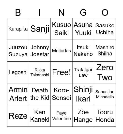 Anime Character Bingo Card