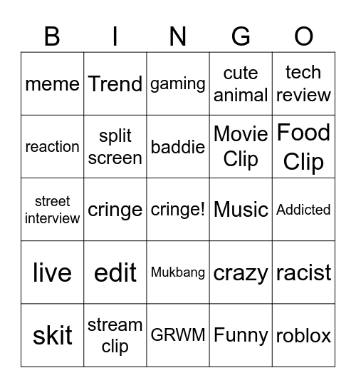 tiktok Bingo Card