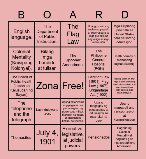PAMAMARAANG GINAMIT NG MGA AMERIKANO SA PANANAKOP SA PILIPINAS Bingo Card
