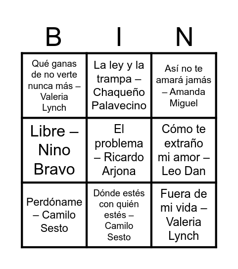 Bingo Musical Bingo Card