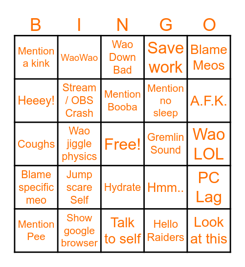Wao Stream Bingo Card