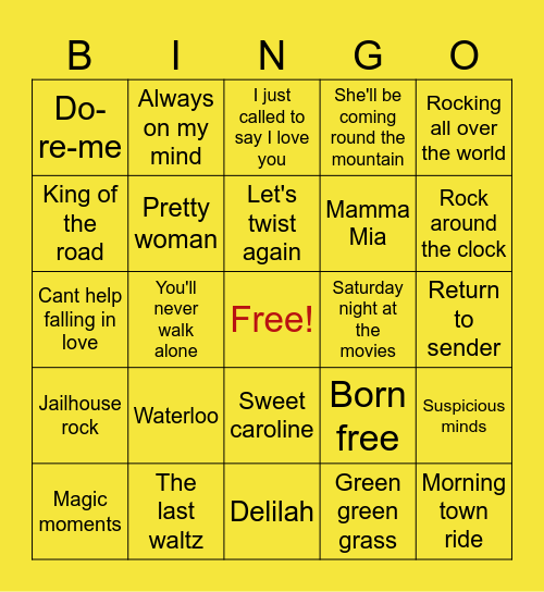 Musical Bingo Card