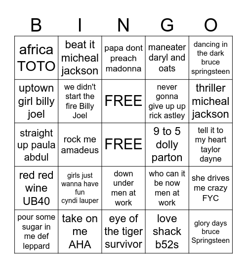 80s music bingo! Bingo Card