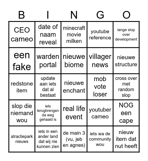 minecraft live Bingo Card