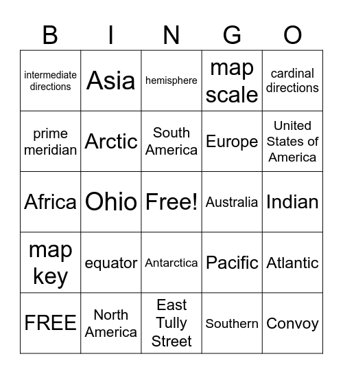 Map Skills Bingo Card