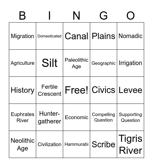 Pre History Bingo Card