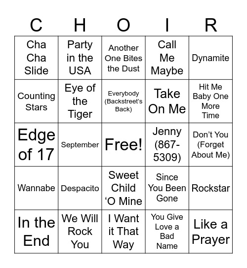 HALF-DAY CHOIR BINGO Card
