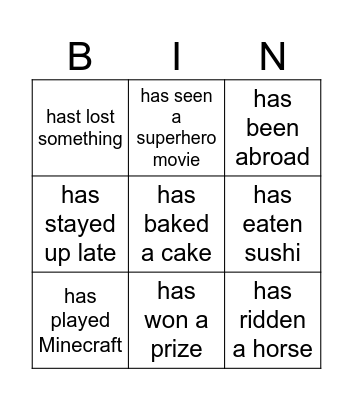 Have you ever ... ? Bingo Card