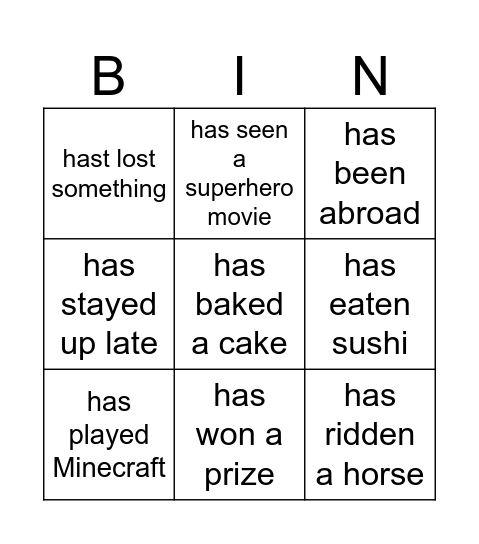 Have you ever ... ? Bingo Card
