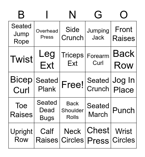 Exercise Bingo Card
