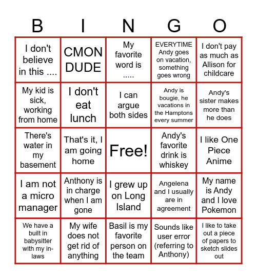 Andy's Farewell Bingo Card