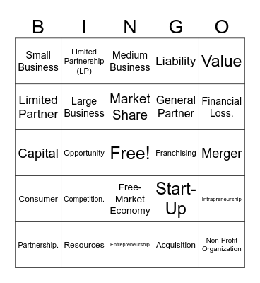 Entrepreneurship Vocabulary Bingo Card